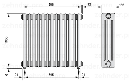 Схема (чертеж) Радиатор Zehnder Charleston 4100/13 №3570 Белый глянцевый RAL 9016